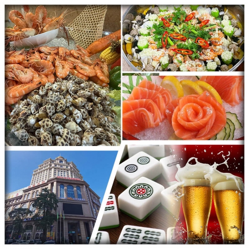 (10人成團）中山藝選浠客酒店 空中餐廳歎酒店自助晚餐（現切三文魚任食、冰鎮啤酒任飲）麻將任打2天