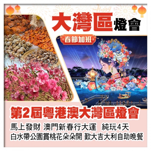 (春節加班）重本包門票賞粵港澳大灣區燈會、馬上發財澳門新春行大運、白水帶公園賞桃花朵朵開純玩4天