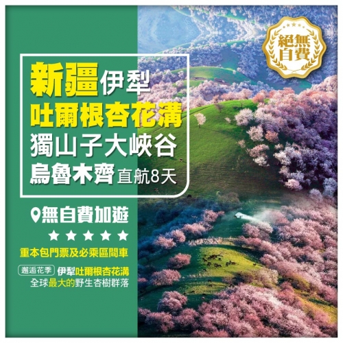 【新疆•邂逅花季 伊犁吐爾根杏花溝】 獨山子大峽谷 賽裏木湖 天山天池 吐魯番 烏魯木齊 直航8天
