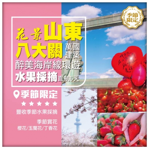 【花景山東】 八大關 萬國建築博物館 醉美海岸線環遊 提升2晚國際準5星 水果採摘直航6天